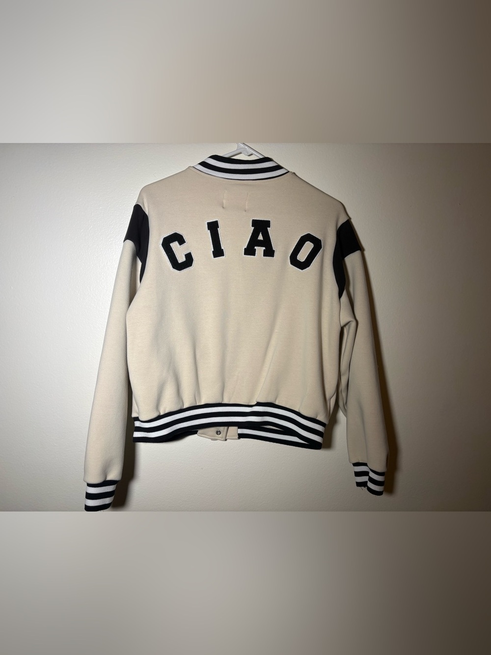 Varsity Bomber Jacket Cream Black Collegecore Sporty Chic Casual Preppy Small